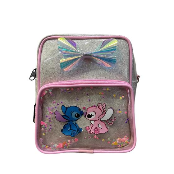 Imagem de Bolsa De Passeio Stitch Rosa Azul Brilhosa Com Alça Infantil Para Criança Menina