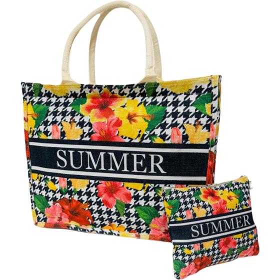 Imagem de Bolsa De Praia Estampada Colorida Com Flores Pássaros
