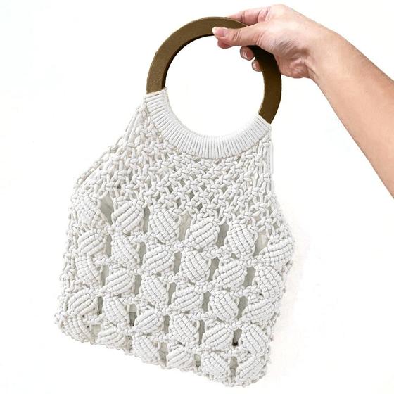 Imagem de Bolsa De Praia Feminina Em Algodão Com Alça De Madeira Com forro Removível  