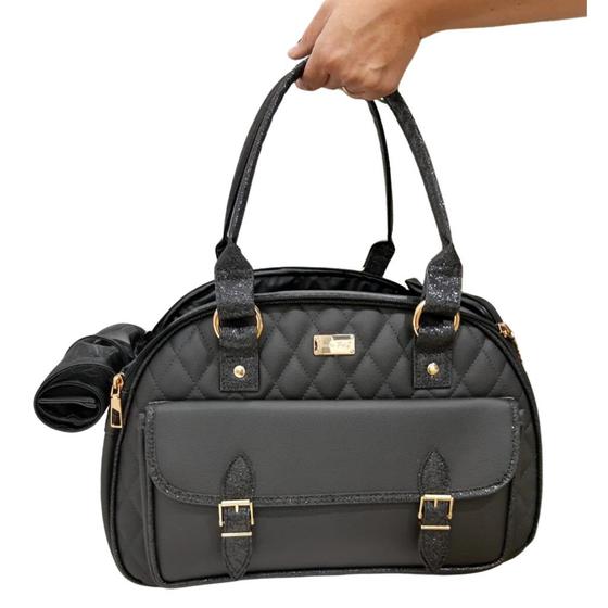 Bolsa de Transporte Pet Luxo Fashion Preta com Shine Preto Menor preço em Bolsa de Transporte Pet Luxo Fashion Preta com Shine Preto