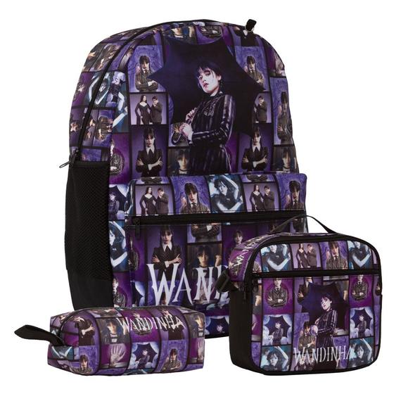 Imagem de Bolsa Escolar Feminina Wandinha Reforçada Com Estojo Roxo