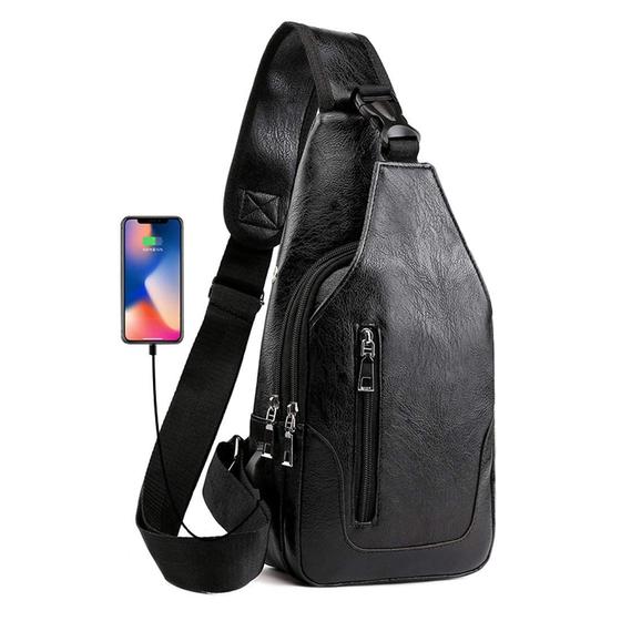 Imagem de Bolsa Estilingue Masculina Seoky Rop - Antifurto em Couro PU Preto