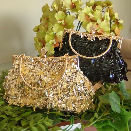 Imagem de Bolsa Feminina Clutch Festa Bordada Dourada Brilho Pedraria