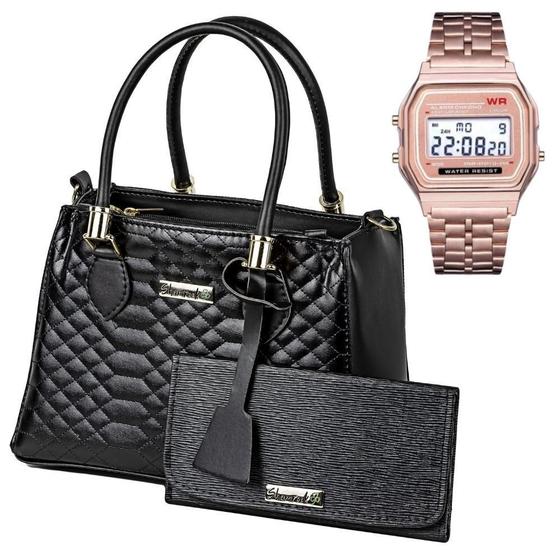 Imagem de Bolsa Feminina Colmeia Transversal e de Mão Acabamento em Matelasse Preta com Relógio Digital de Pulso Rose