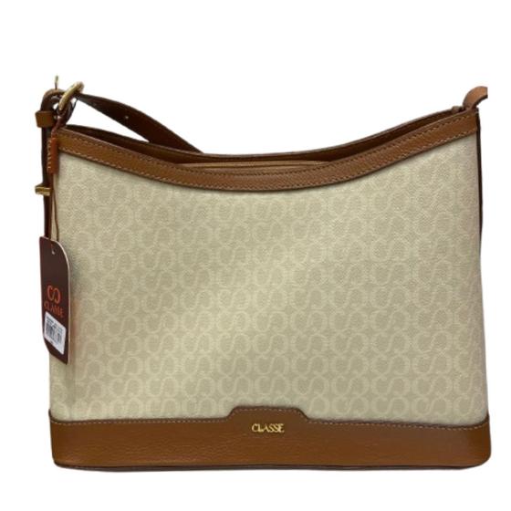 Imagem de Bolsa Feminina Couro Monograma Creme Classe Ombro Grande