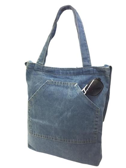 Imagem de Bolsa Feminina De Ombro Sacola Tecido Jeans Fecho Zíper 2 Alças Bolsos Frontal