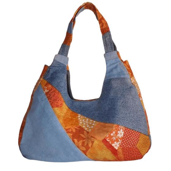 Bolsa Feminina Hobo Artesanal Jeans e Laranja