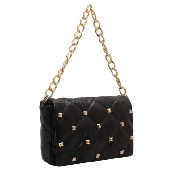 Imagem de Bolsa Feminina Pequena Couro PU Alça Mão Ombro Preto Dourado