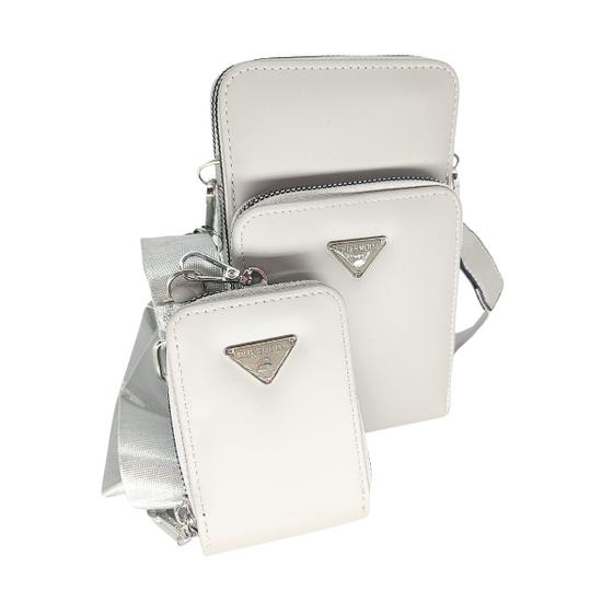 Imagem de Bolsa feminina transversal porta celular com carteira luxo ziper metal prata 