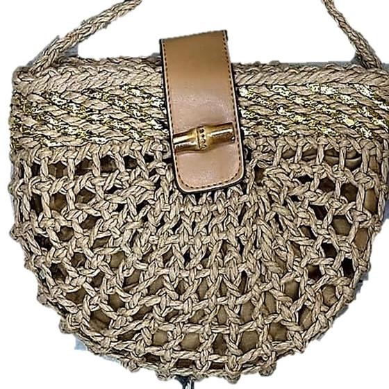 Imagem de Bolsa Festa Clutch Moda Verão Formato Meia Lua Estilo Palha