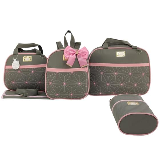 Bolsa maternidade 5 peças estrela cinza c/ rosa Menor preço em Bolsa maternidade 5 peças estrela cinza c/ rosa