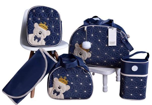 Imagem de Bolsa maternidade bebê kit 5 pç azul luxo urso impermeável