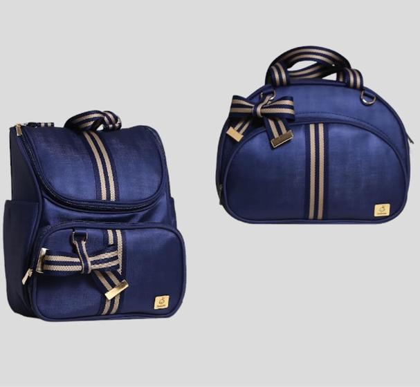 Imagem de Bolsa Maternidade Tam. G + Mochila 2 Em 1 Azul Marinho Liso Listrado Caramelo+alça Removível