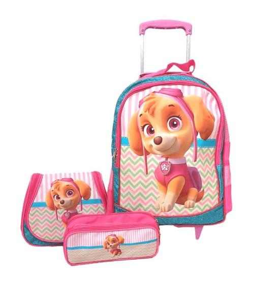 Imagem de Bolsa menina kit mochila escolar patrulha canina com rodinhas, lancheira térmica e estojo 