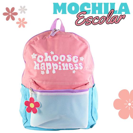 Imagem de Bolsa Mochila Feminina Escolar Juvenil Choose Happiness Rosa e Azul Resistente Reforçada Estilosa Moda Blogueira