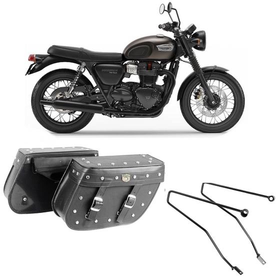 Imagem de Bolsa Moto Custom Alforge Mala Lateral 64 Litros Cravos + Afastador Suporte Triumph Bonneville T100 