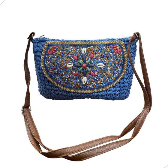 Imagem de Bolsa Palha Com Miçangas E Bordado Artesanal Hippie Casual Retangular