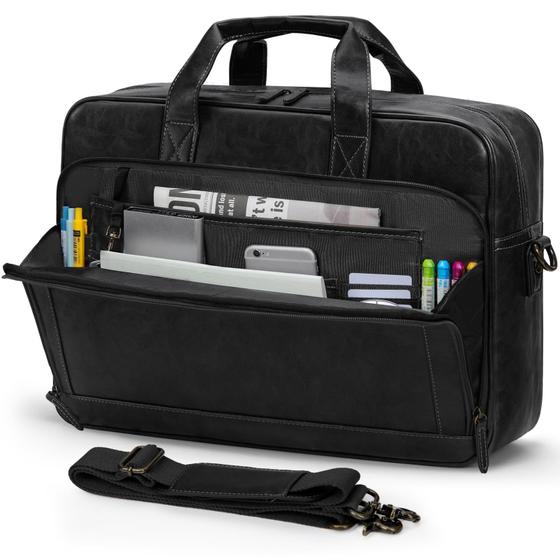 Imagem de Bolsa para laptop RAINSMORE, maleta de couro de 16 polegadas para homens, preta