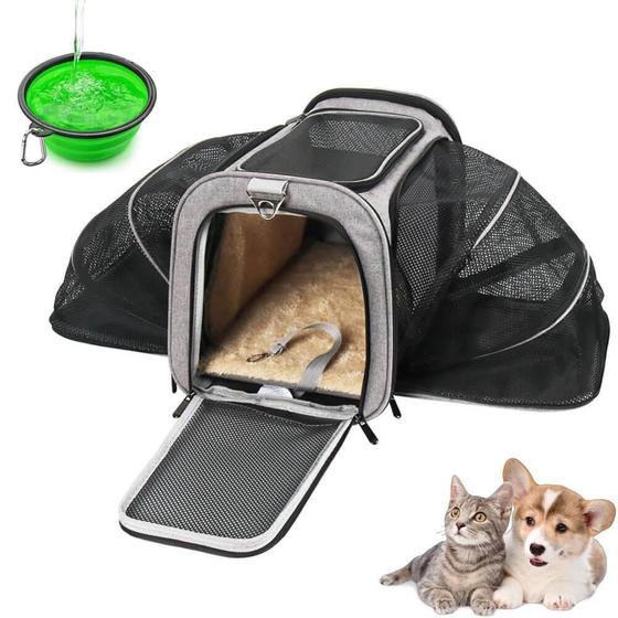 Imagem de Bolsa Pet Expansivel Transporte Viagem Cinza + 2 Comedouros