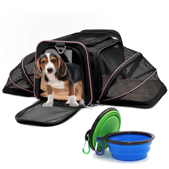 Imagem de Bolsa Pet Transporte Avião Viagem Expansível Rosa + 2 Comedouros Retrátil