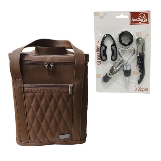 Imagem de Bolsa Porta Vinho Marrom Elegante e Kit  5 peças p/ Vinho