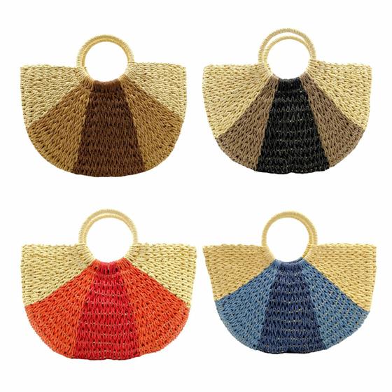 Imagem de Bolsa Praia Feminina Palha Grande Três Cores Sacola Meia Lua CY-41