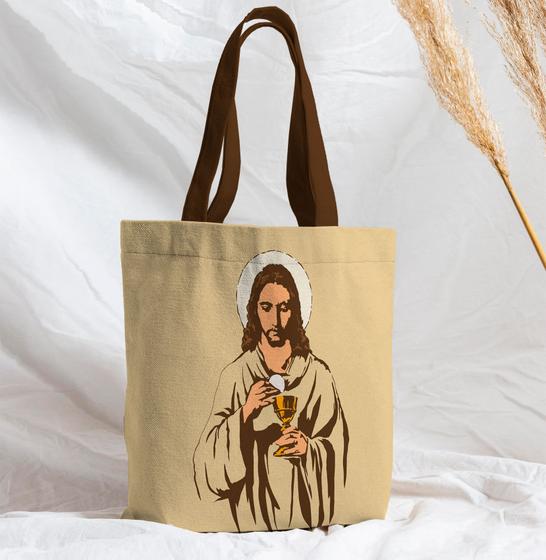 Imagem de Bolsa Sacola Artesanal de Tecido Jesus cálice bege