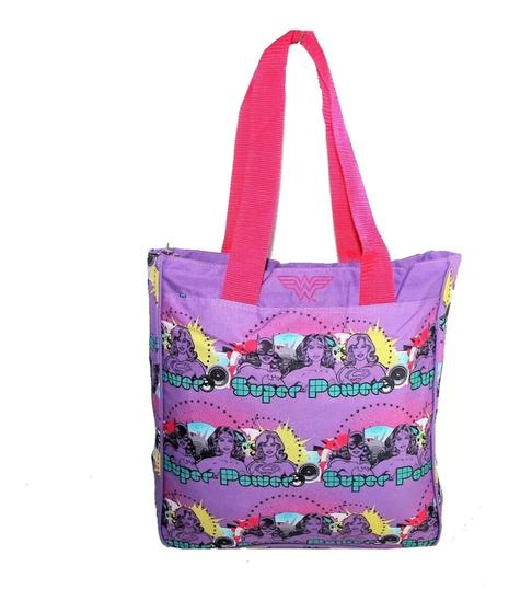 Imagem de Bolsa sacola feminina tote shopping bag poliéster desenho mulher maravilha violeta