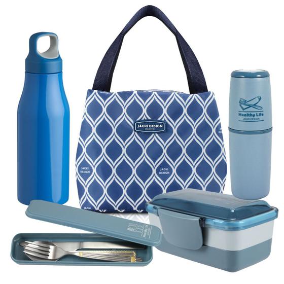 Bolsa Térmica Com Marmita, Porta Talheres, Porta Escova e Garrafa Inox Azul Menor preço em Bolsa Térmica Com Marmita, Porta Talheres, Porta Escova e Garrafa Inox Azul
