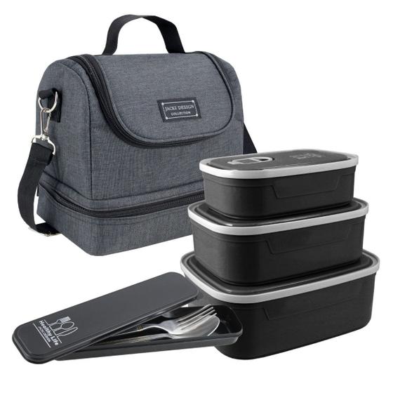 Bolsa Térmica Dupla Concept Preta Com 3 Marmitas e Porta Talheres Menor preço em Bolsa Térmica Dupla Concept Preta Com 3 Marmitas e Porta Talheres