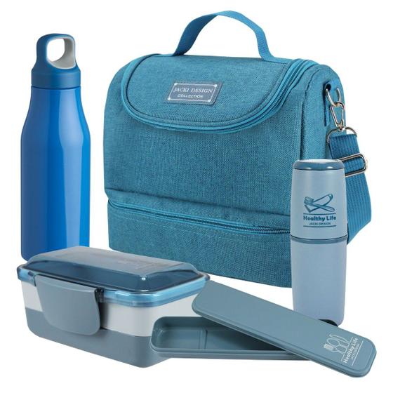 Bolsa Térmica Dupla, Marmita, Garrafa, Porta Talheres e Porta Escova Az Menor preço em Bolsa Térmica Dupla, Marmita, Garrafa, Porta Talheres e Porta Escova Az
