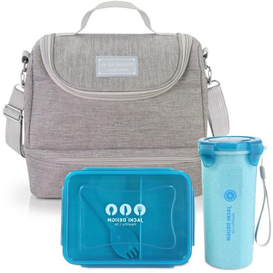 Imagem de Bolsa Térmica Lancheira Necessaire Alça Ombro Kit Marmita e Copo Box  Fitness Escola Trabalho Azul