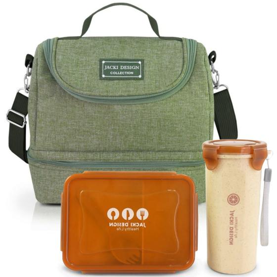 Imagem de Bolsa Térmica Lancheira Necessaire Alça Ombro Kit Marmita e Copo Box  Fitness Escola Trabalho Bege