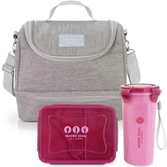 Imagem de Bolsa Térmica Lancheira Necessaire Alça Ombro Kit Marmita e Copo Box  Fitness Escola Trabalho Vinho