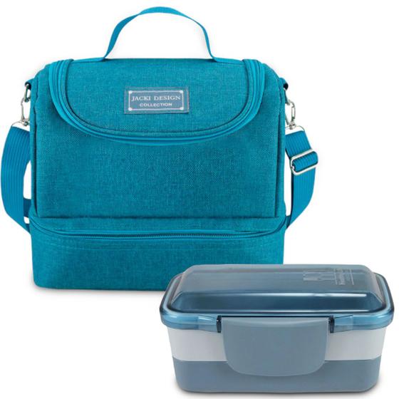 Imagem de Bolsa Térmica Lancheira Necessaire Alça Ombro + Pote Marmita Lanches 2 Compartimentos Andares Livre BPA Free 950 Ml