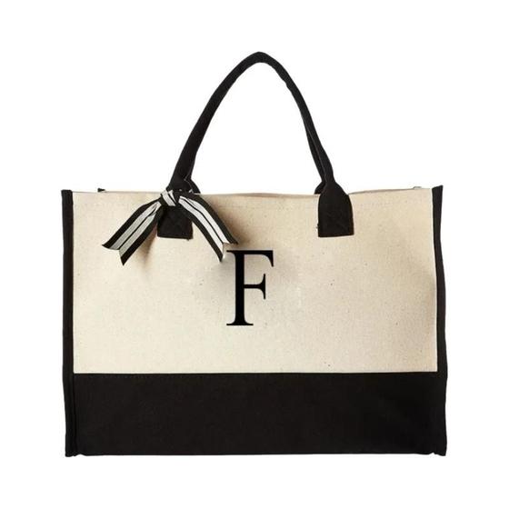 Imagem de Bolsa Tote de Lona com Grande Capacidade - Design Moderno com Letras e Flores