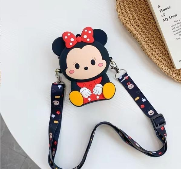 Imagem de Bolsinha Infantil Silicone Cute Porta Celular Moedas Alça Transversal Bolsa Personagem Disney Stitch Lilo Minnie Mickey