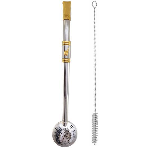 Imagem de Bomba De Chimarrão Cuia Aço Inox 304 Banho Ouro Rosca 21cm