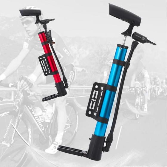 Imagem de Bomba Encher Pneu Bicicleta Bike Com Suporte Bico Fino e Grosso Quadro Ar Manual Moto Bola Portátil Boia Mini Aparelho