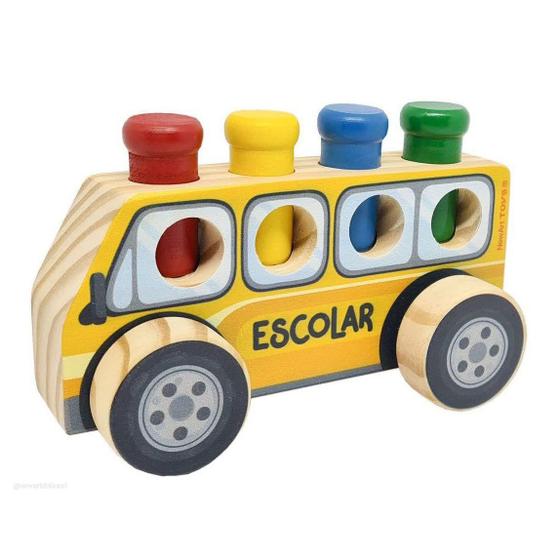 Imagem de Bondinho de Encaixe - Coleção Meu Carrinho - Ônibus Escolar com Pinos - Madeira - Multicolorido - 203 - New Art