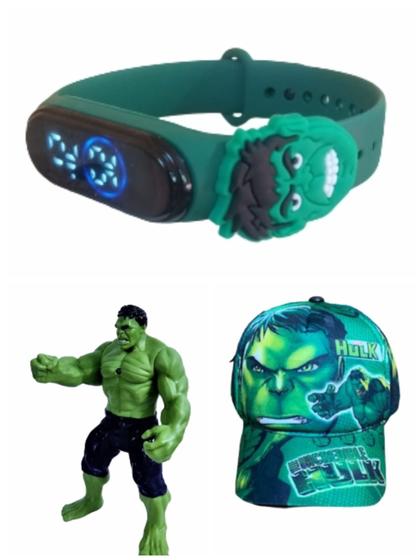 Imagem de Bone ,boneco e relogio digital infantil a prova d agua do hulk , super kit para seu