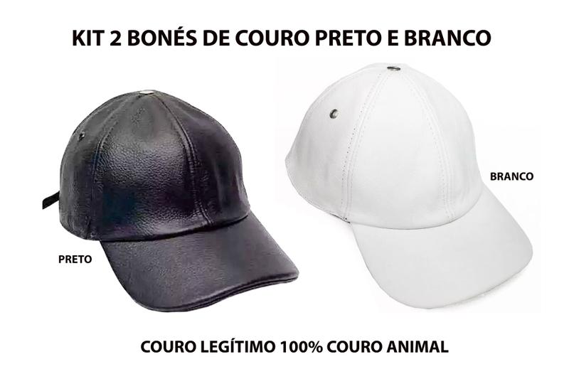 Imagem de Boné de Couro KIT 2 Bonés 100% Couro Legítimo na cor Preto e Branco