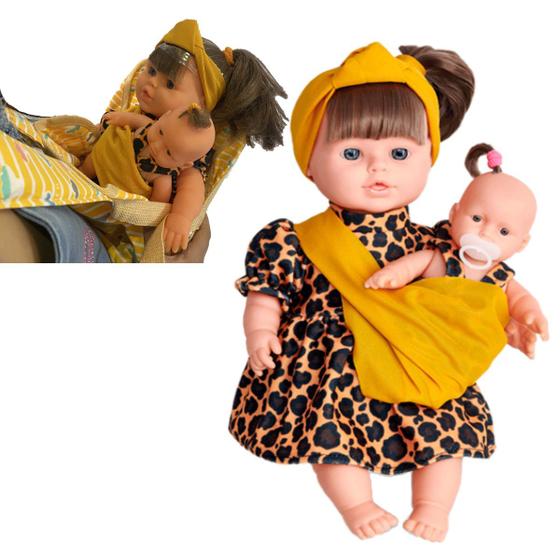 Imagem de Boneca Ayana Mamãe Grande + Filha Bebe + Bolsa Canguru