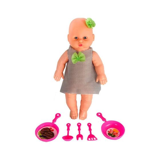 Imagem de Boneca Babidu Papinha em Vinil Atóxico Diversão Garantida com Roupa de Tecido e Acessórios de Cozinha