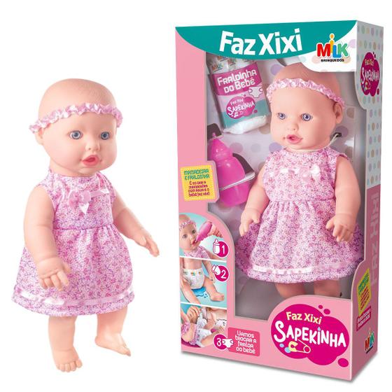 Imagem de Boneca Baby Faz Xixi Sapekinha + Mamadeira + Fralda - Milk