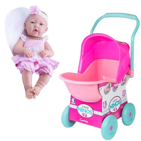 Imagem de Boneca Baby Ninos Infantil Bebê Reborn 37cm E Carrinho De Passeio Para Meninas Crianças Coloridos