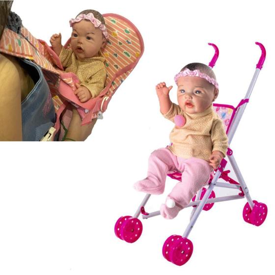 Imagem de Boneca Baby Reborn Menina + Bolsa Canguru e Carrinho Boneca