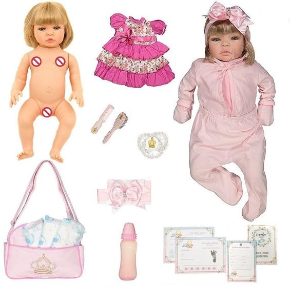 Imagem de Boneca Baby Reborn Real Princesa New born Rosa + Acessórios