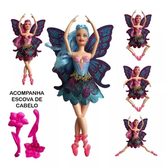 Imagem de Boneca Bailarina Azul Fada Com Asas Ballet Articulada 30cm