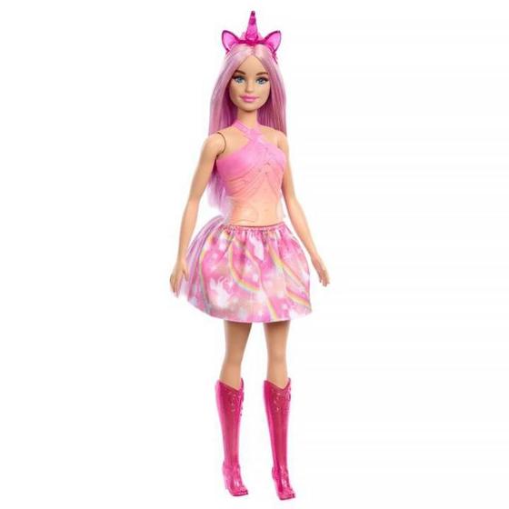 Imagem de Boneca Barbie Fantasia Saia Unicórnio Sonho Rosa Hrr12 Hrr13